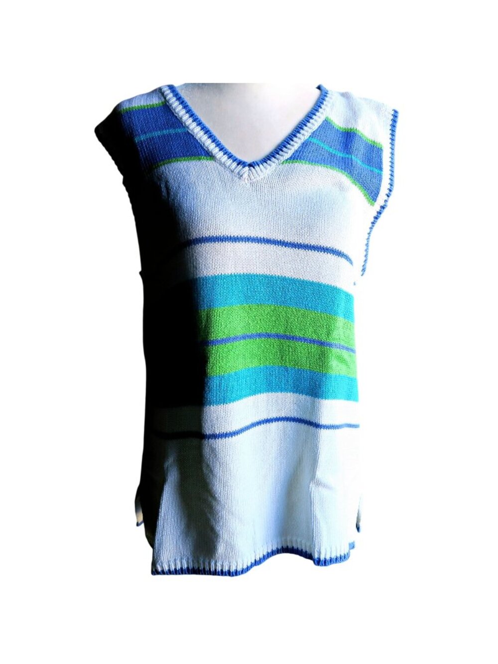 1990s Jeanne Pierre Cotton Knit Top, Sleeveless Striped V-Neck, Size Large